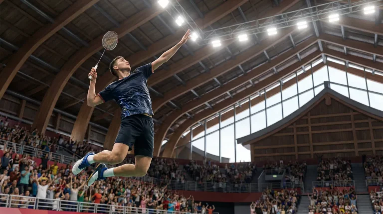 Badminton-Spieler bei einem Turnier in einer asiatischen Sporthalle