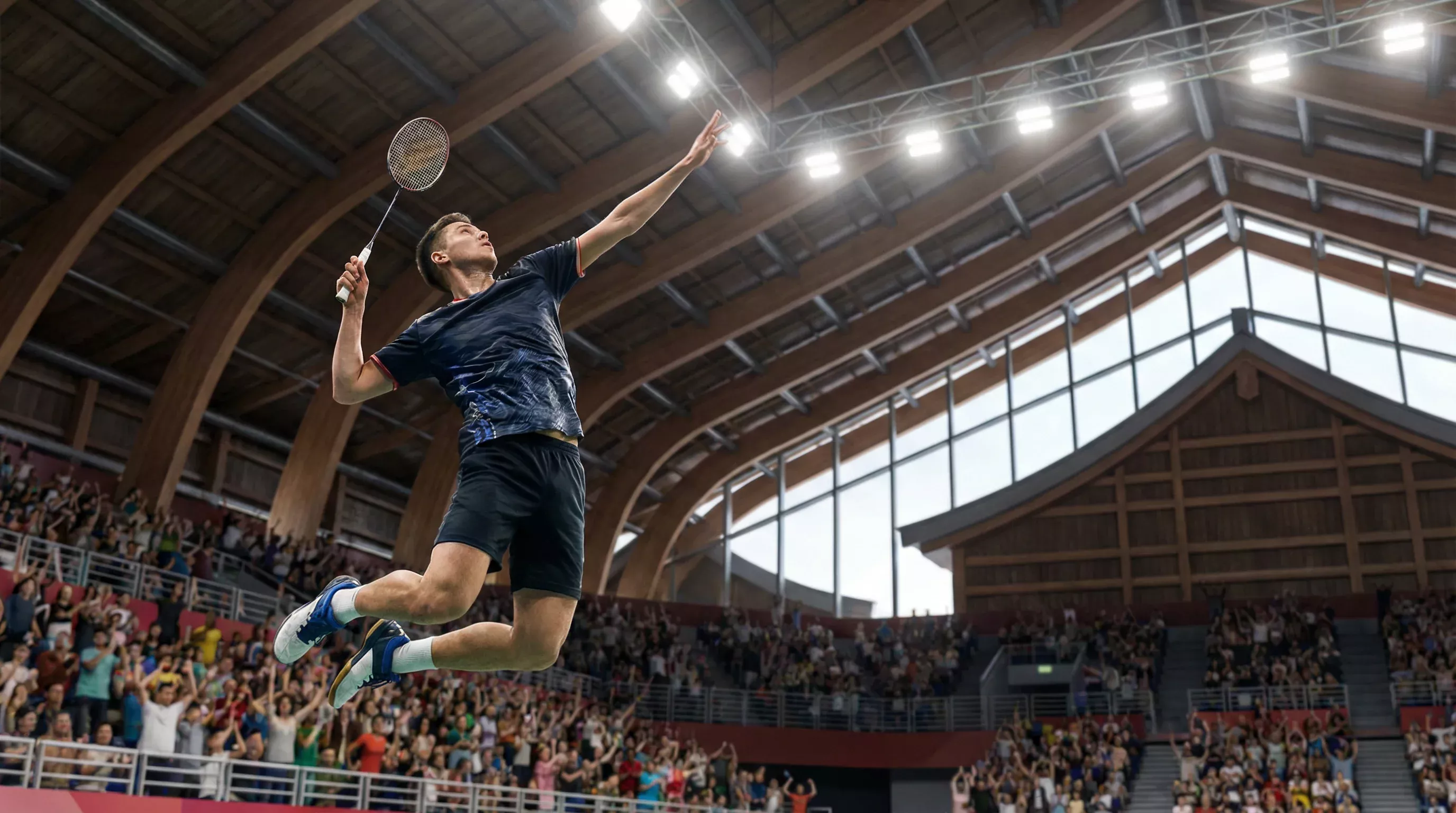Badminton-Spieler bei einem Turnier in einer asiatischen Sporthalle