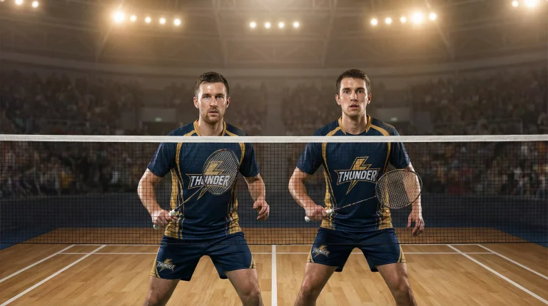 Zwei Badminton-Doppelspieler am Netz bei einem Turniermatch