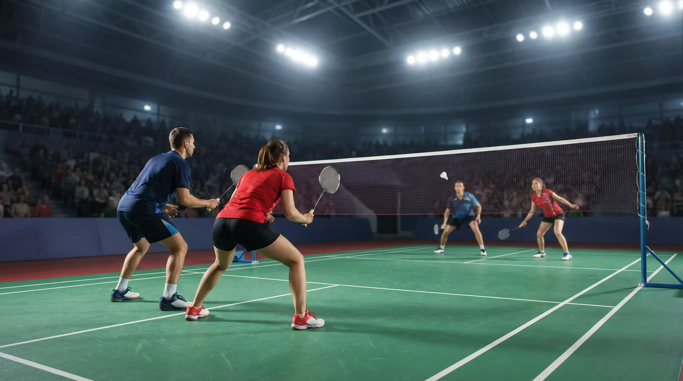 Zwei Badminton-Doppelspieler am Netz während eines Turniermatches in einer Sporthalle