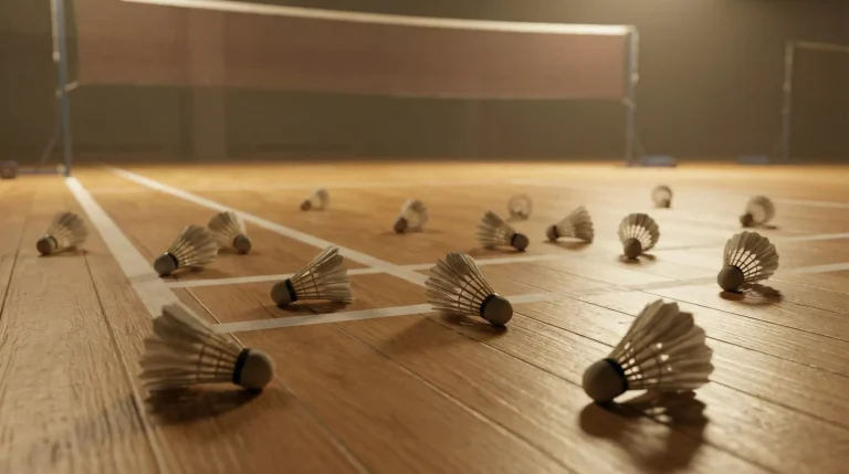 Mehrere Badminton-Federbälle auf einem Spielfeld in einer Trainingshalle