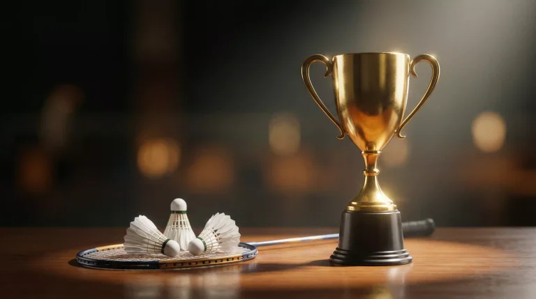Badminton-Pokal auf einem Tisch neben Badminton-Ausrüstung
