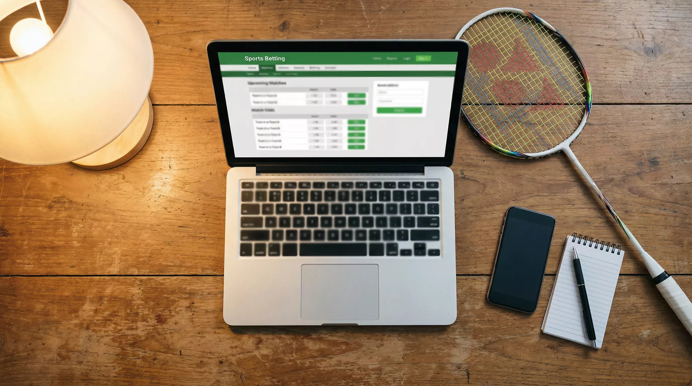 Laptop-Bildschirm mit Sportwetten-Interface neben einem Badminton-Schläger auf einem Tisch