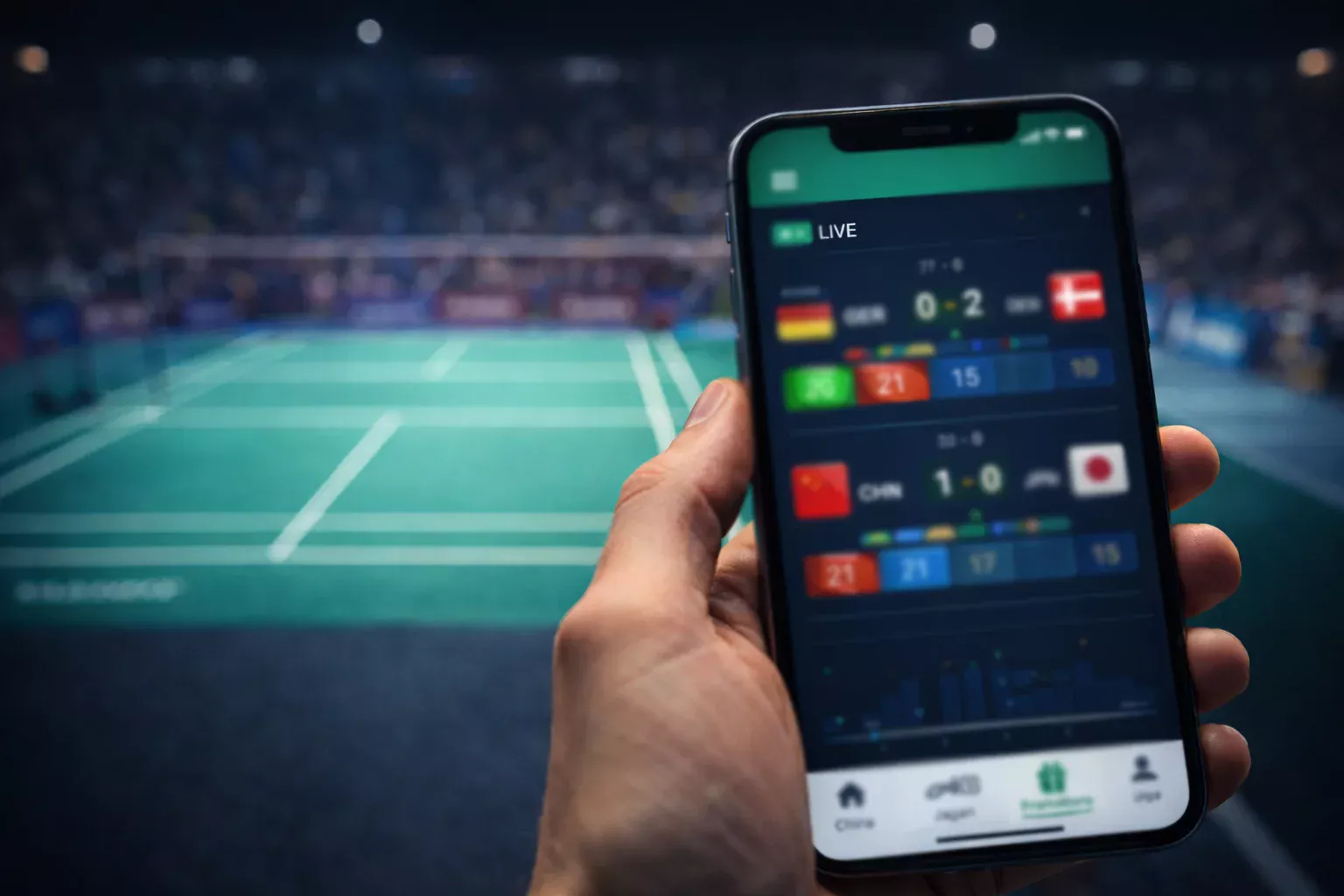 Smartphone zeigt Live-Sportergebnisse während eines Badminton-Matches