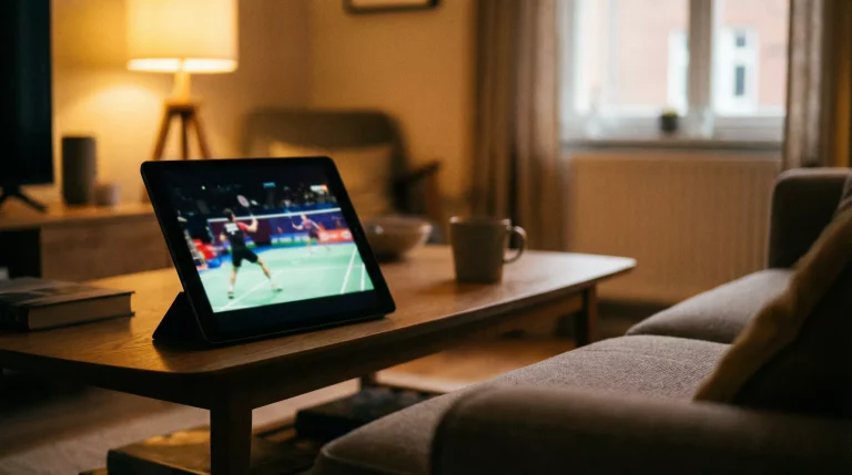 Tablet zeigt ein Badminton-Spiel als Live-Stream auf dem Bildschirm