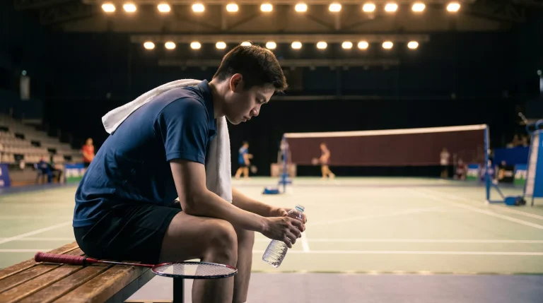 Badminton-Spieler trinkt Wasser während einer Satzpause in der Halle