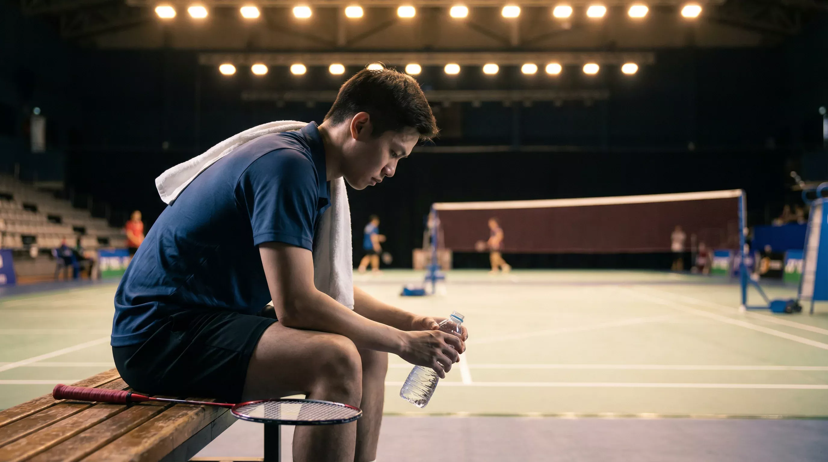 Badminton-Spieler trinkt Wasser während einer Satzpause in der Halle