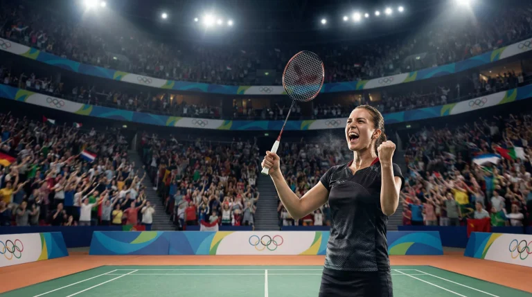 Badminton-Spieler bei einem Wettkampf in einer großen Olympia-Arena