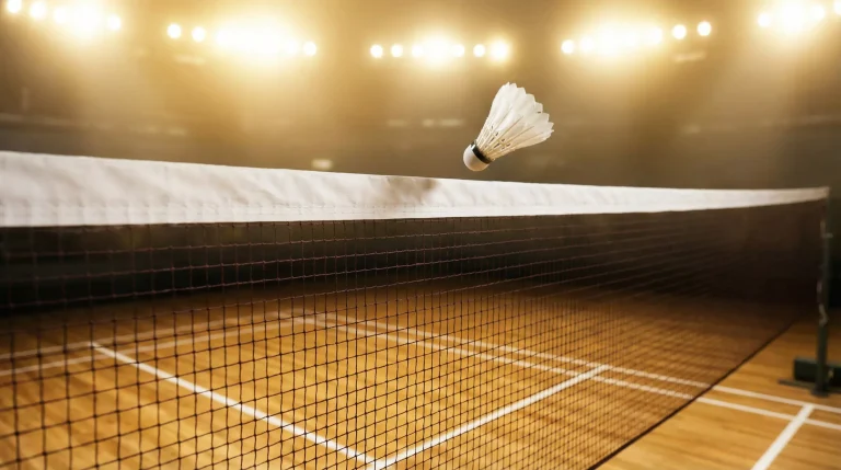 Badminton-Federball fliegt über das Netz in einer beleuchteten Sporthalle