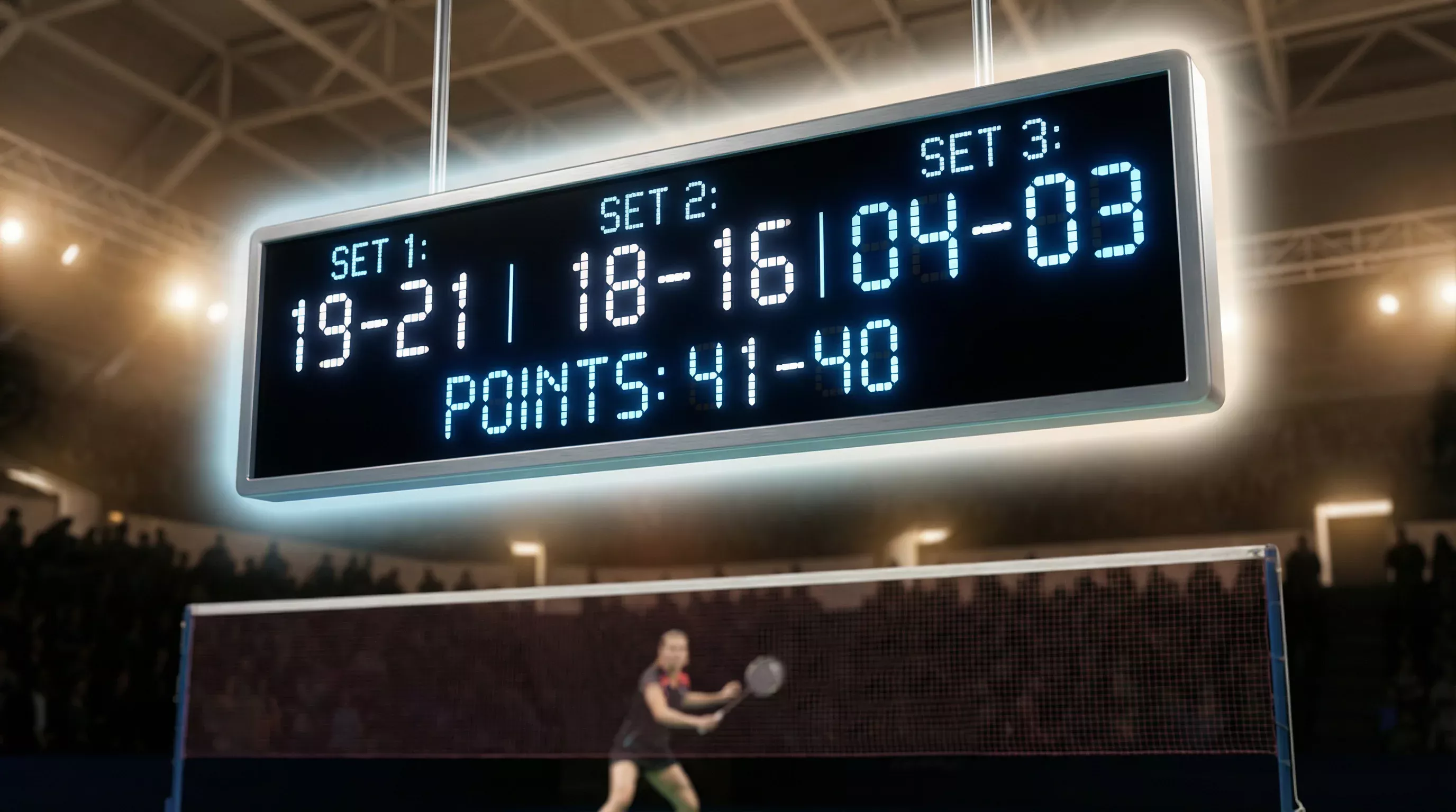 Nahaufnahme einer Anzeigetafel mit Badminton-Spielstand in einer Sporthalle