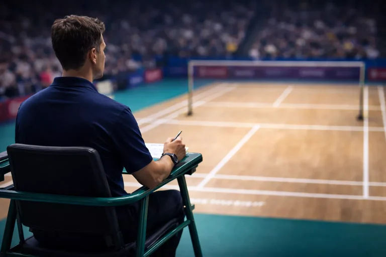 Badminton-Schiedsrichter auf dem Hochstuhl beobachtet ein Spiel