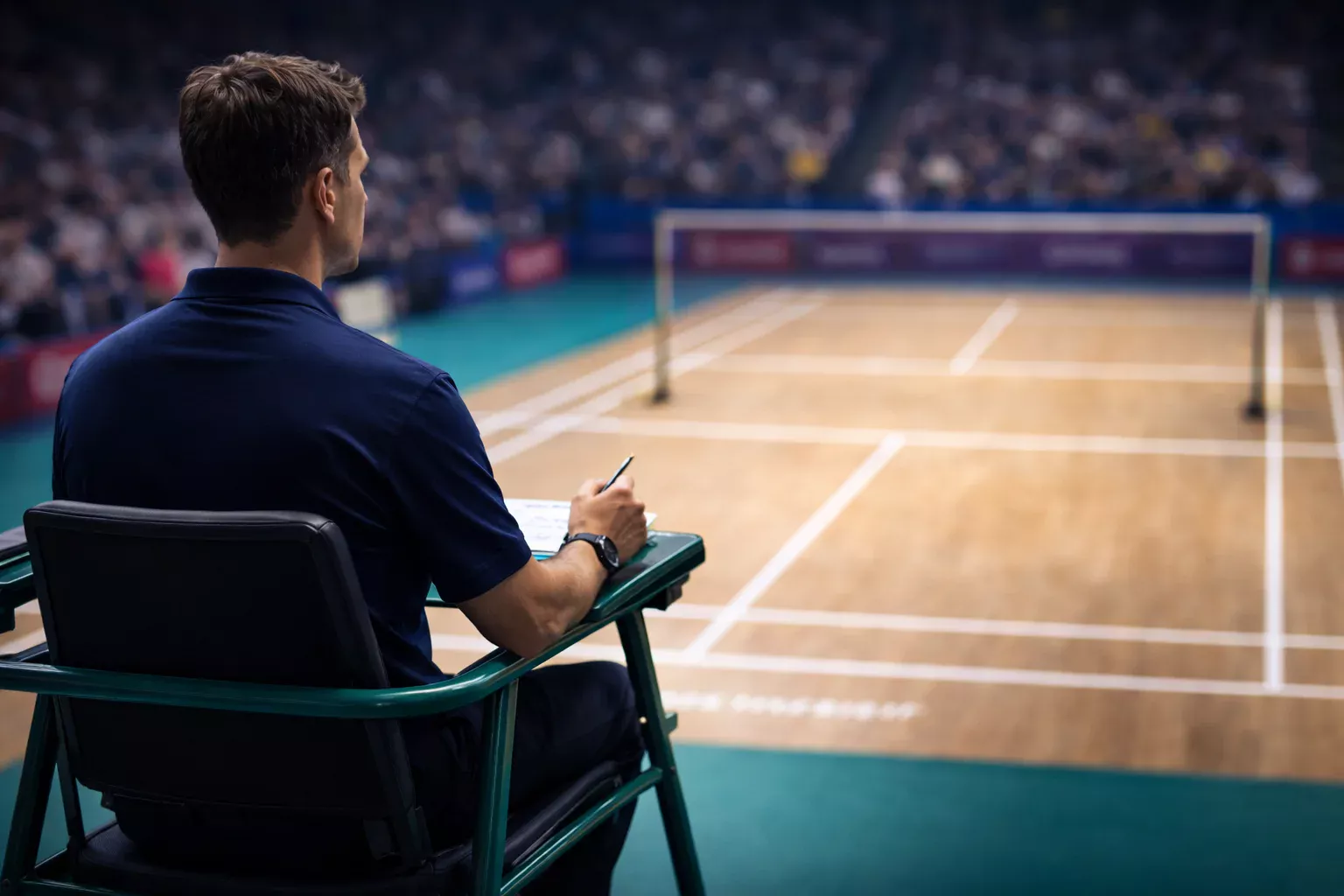 Badminton-Schiedsrichter auf dem Hochstuhl beobachtet ein Spiel
