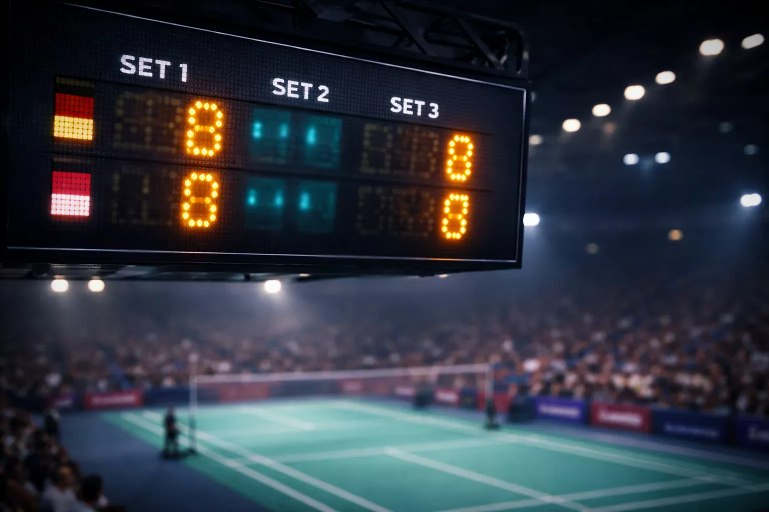 Nahaufnahme einer Badminton-Anzeigetafel mit Satzstand in einer Halle