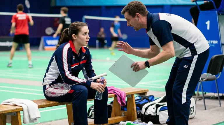 Badminton-Spieler während einer taktischen Besprechung mit dem Trainer