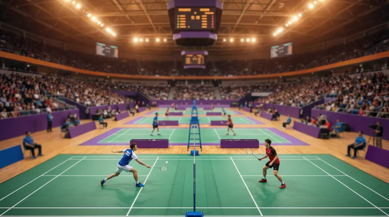 Badminton-Turnier in einer großen Arena mit Zuschauern