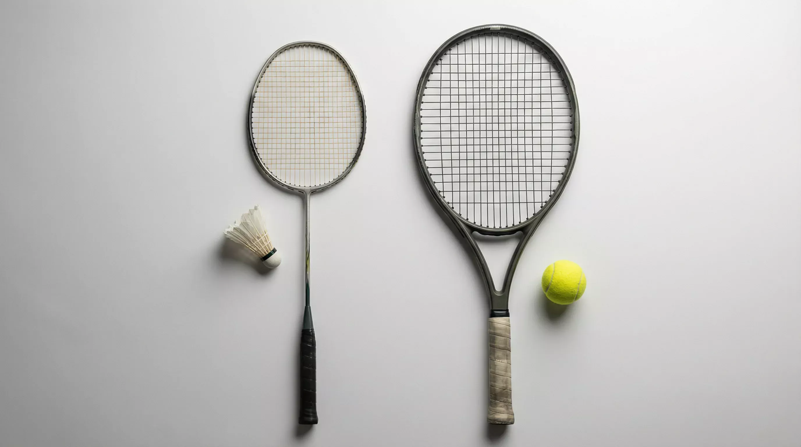 Badminton-Schläger und Tennisschläger nebeneinander auf einem Tisch