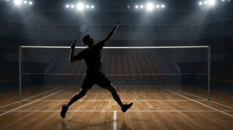 Badminton-Spieler streckt sich nach einem hohen Federball auf dem Court