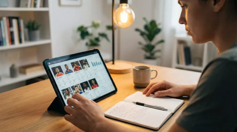 Person studiert Badminton-Spielerprofile auf einem Tablet am Schreibtisch