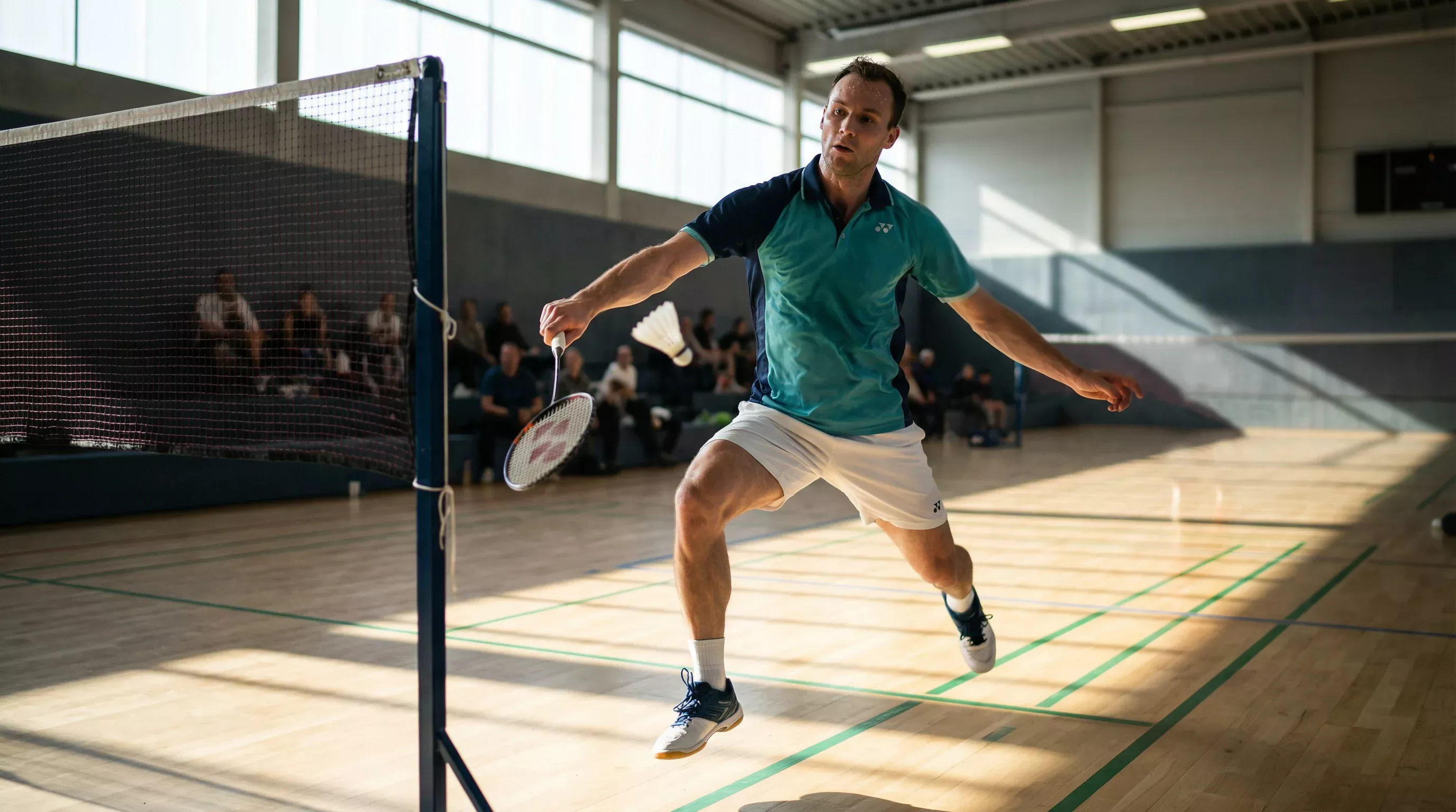 Badminton-Spieler beim Smash am Netz in einer Sporthalle