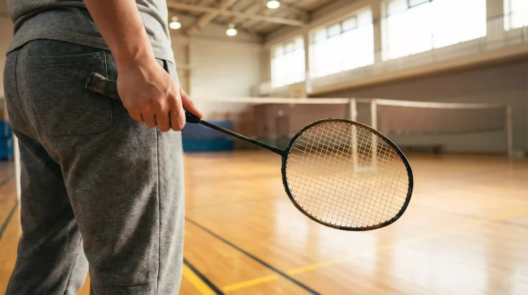 Person hält einen Badminton-Schläger und einen Federball in der Hand