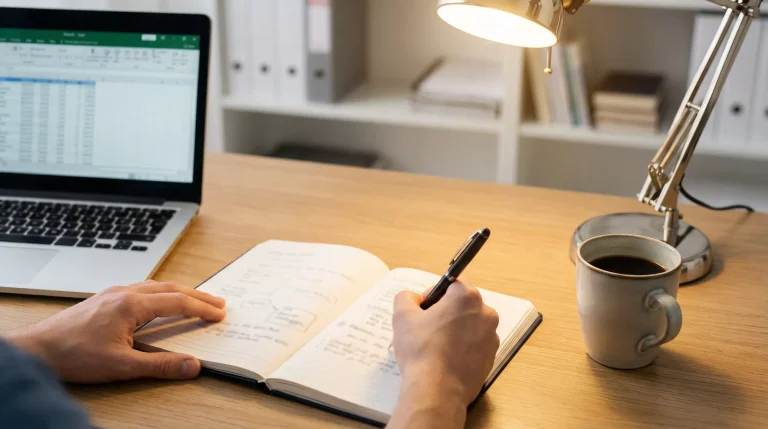 Person macht Notizen in einem Notizbuch neben einem Laptop