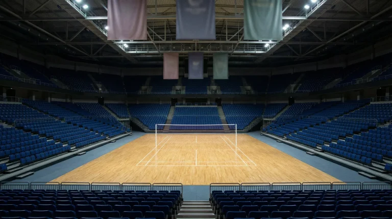 Leeres Badminton-Spielfeld in einer Turnierhalle vor dem Wettkampf