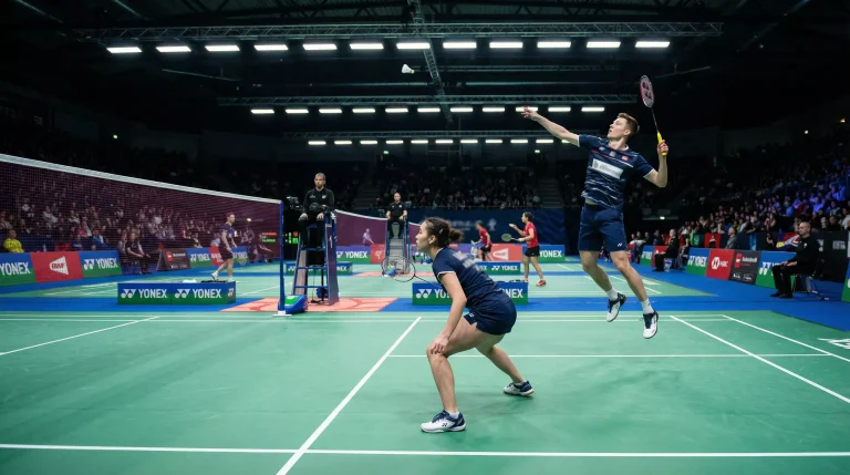Mixed-Doppel-Paar beim Badminton auf einem Turnierplatz