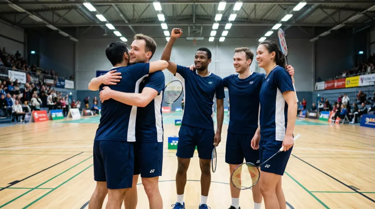 Badminton-Mannschaft feiert nach einem Sieg bei einem Teamwettbewerb