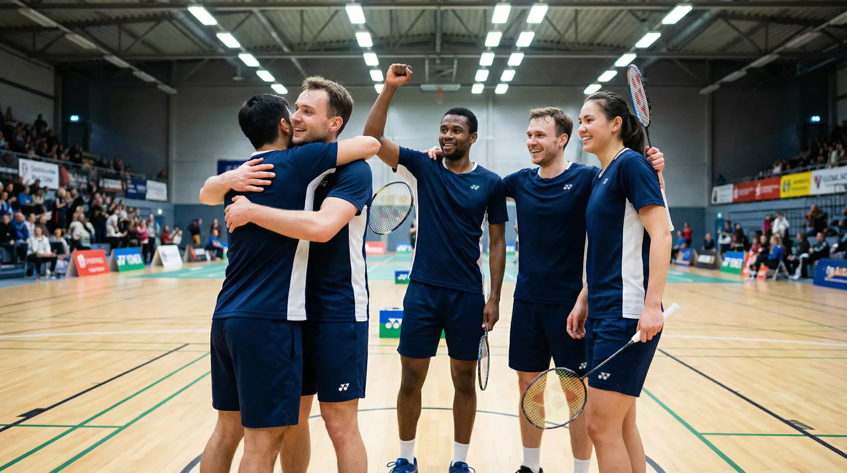 Badminton-Mannschaft feiert nach einem Sieg bei einem Teamwettbewerb